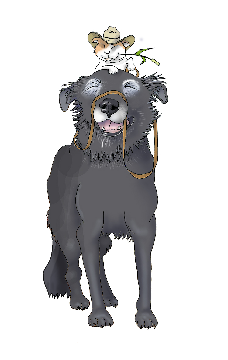 Whimsical digital illustration of a smiling dog with a tiny cat in a cowboy hat perched on its head