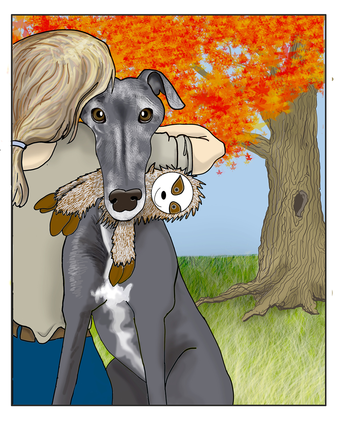 Digital illustration of a grey greyhound held by a person beneath an autumn maple tree