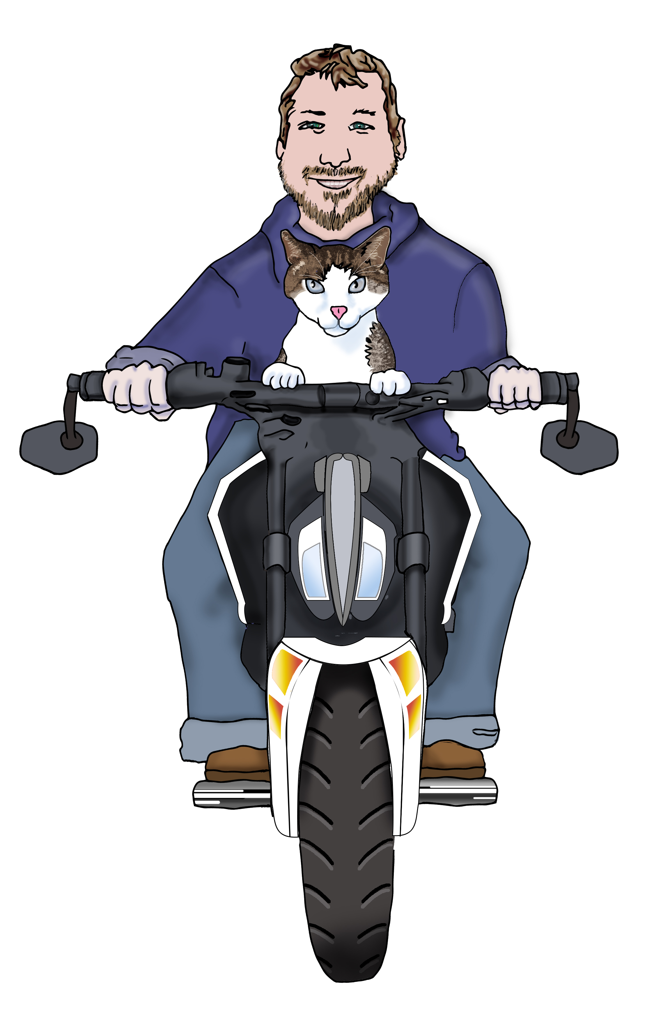 Digital illustration of a bearded man riding a motorcycle with a tabby and white cat perched on the handlebars