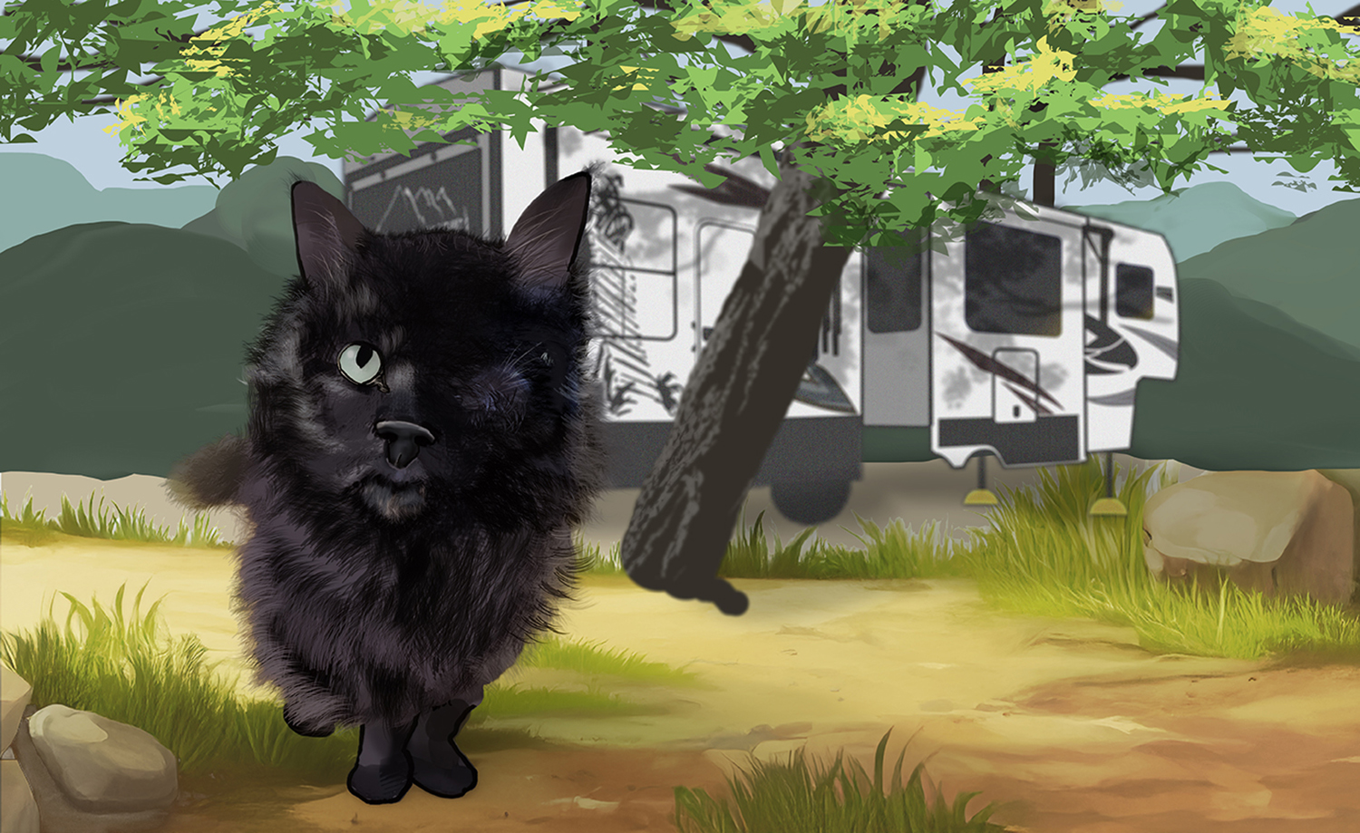 Digital illustration of a fluffy one-eyed black cat in a campsite scene with trees and an RV