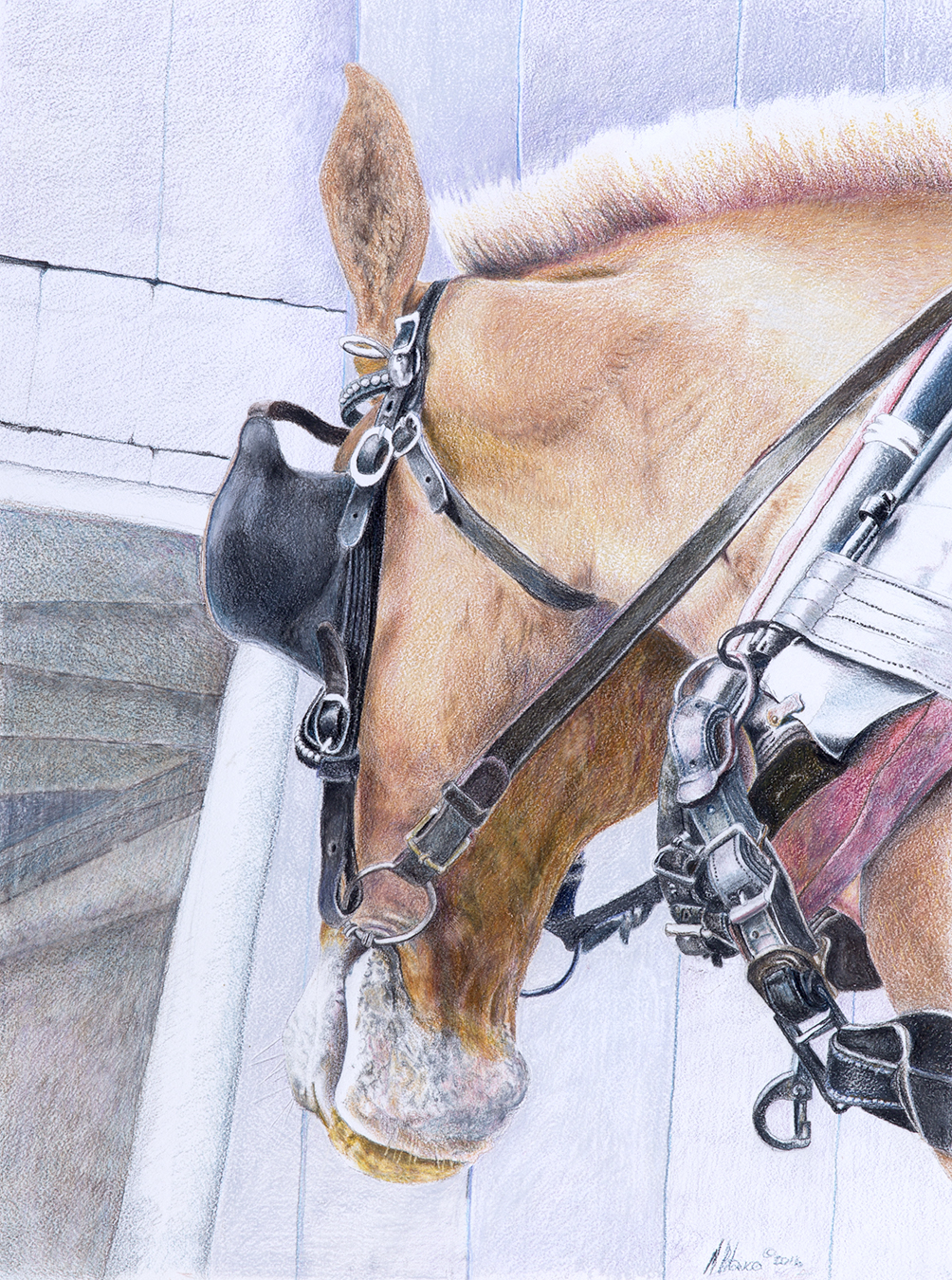 Colored pencil drawing of a draft horse's bowed head with bridle and blinders against a barn wall