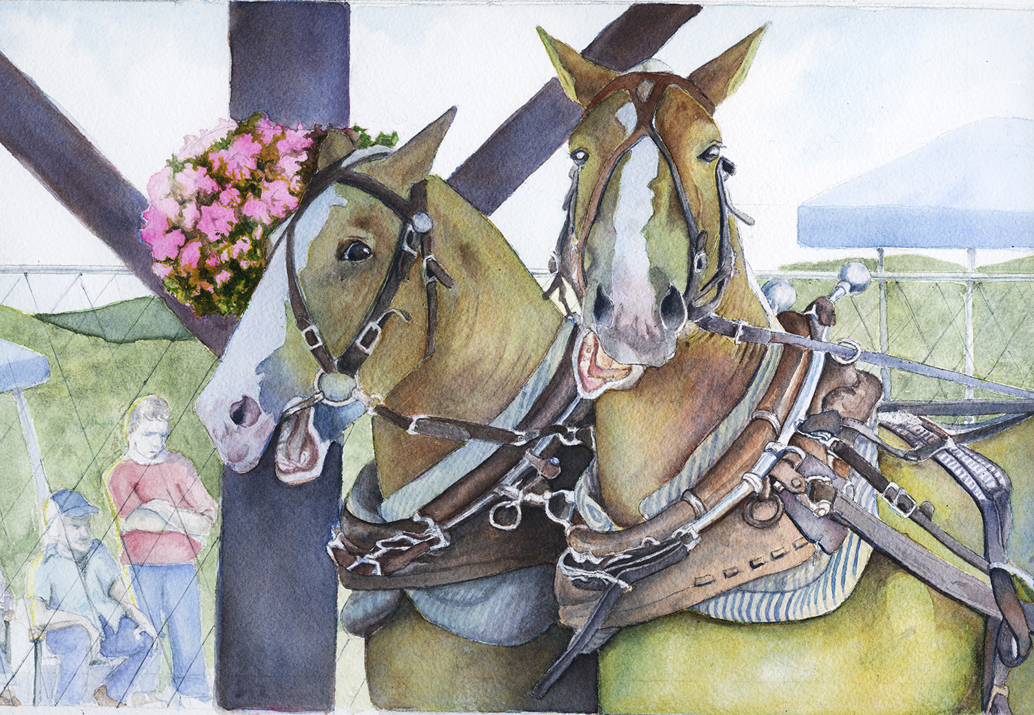 Watercolor of two harnessed draft horses by a post with flowers and onlookers in the background