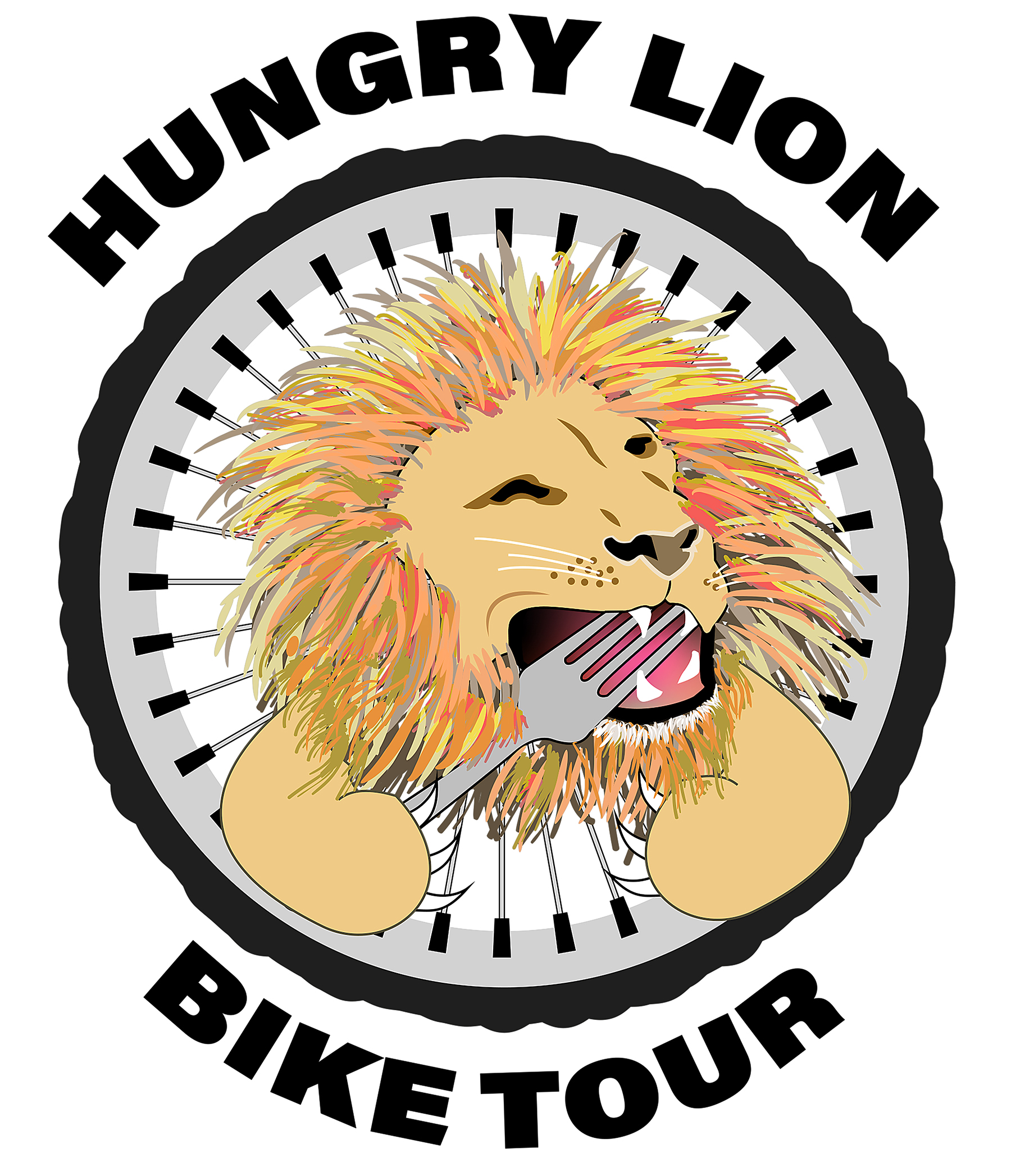Logo illustration of a hungry lion holding a fork and knife inside a bicycle wheel
