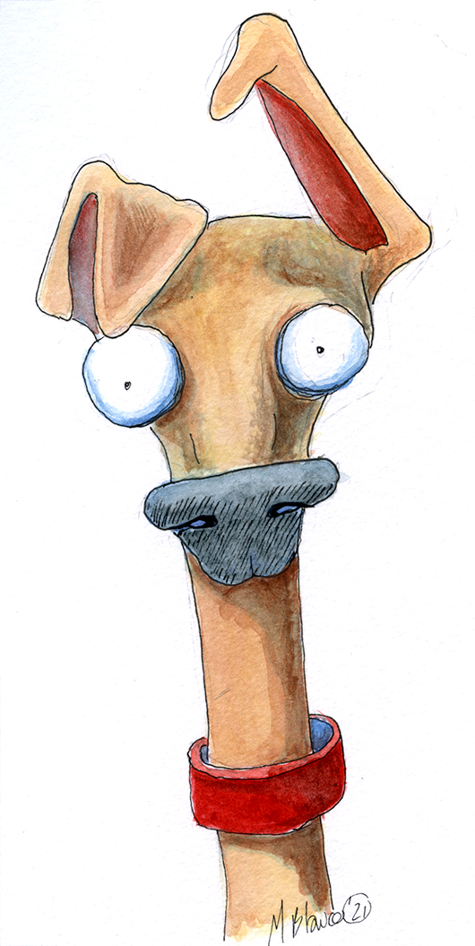 Watercolor portrait of a wide-eyed dog with floppy ears and a red collar